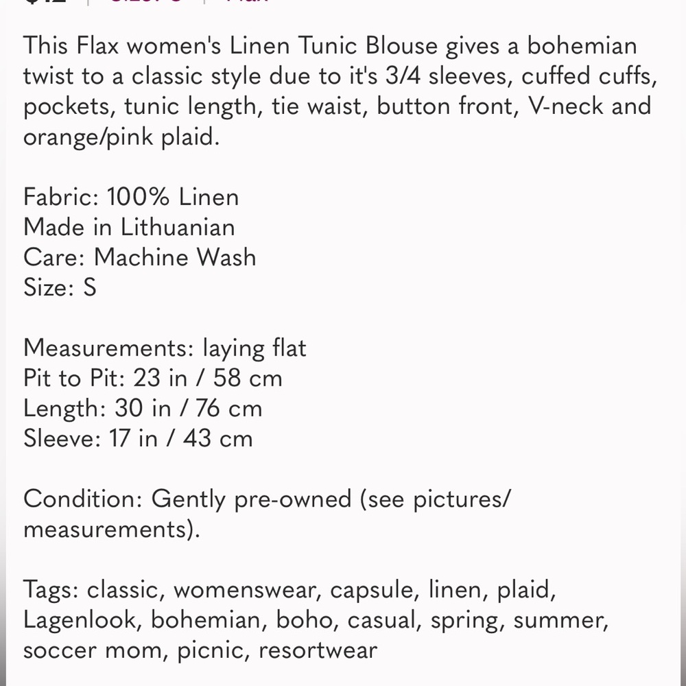 Flax Linen 3/4 sleeve Tunic Blouse - Picture 13 of 13